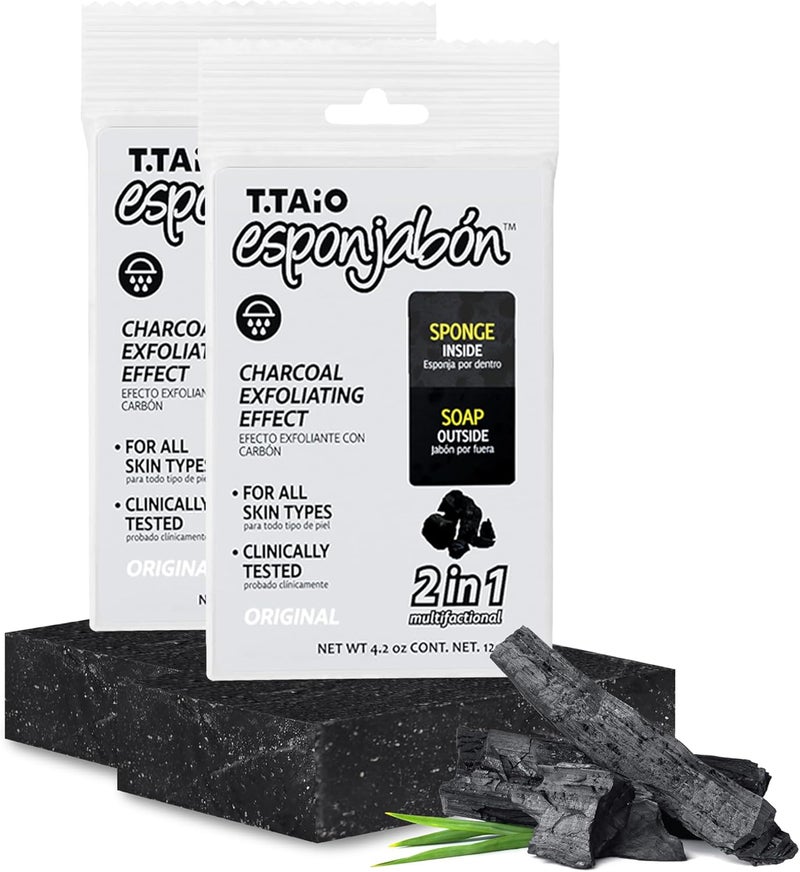 T. Taio Esponjabon Charcoal Soap Sponge - Cleansing Shower Scrubber - Cleaning Bath Wash Scrub - Oil Removal - Massage & Lather Foot, Elbow, & Face - Bathroom Accessories - Charcoal - 2 Pack - Image 1